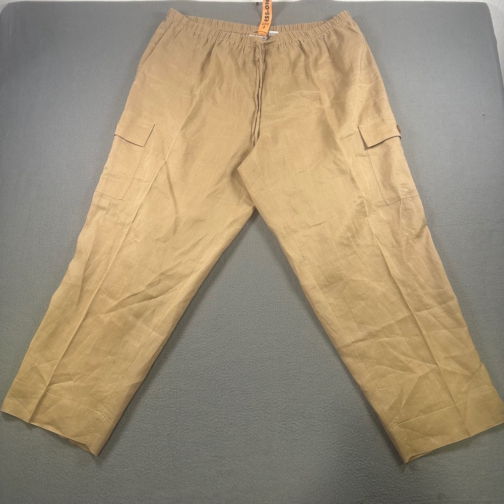 Toto n Ko Women 2X Tan 100% Linen Cargo Pants Elastic Waist Drawstring Khaki